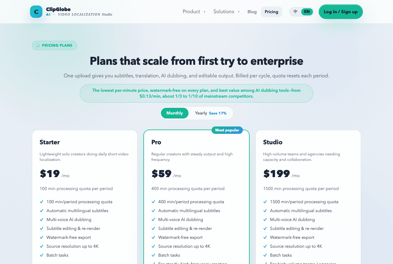 ClipGlobe pricing: per-minute plans