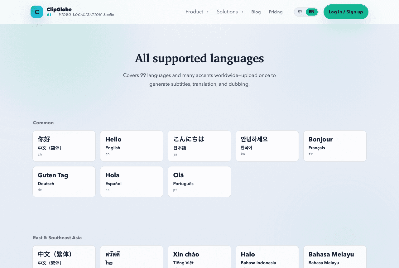 ClipGlobe supported languages list: coverage of lead and smaller languages