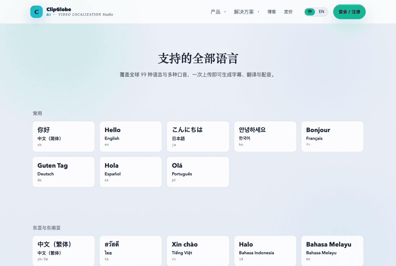 ClipGlobe 支持语言列表:主力语种与小语种的覆盖情况