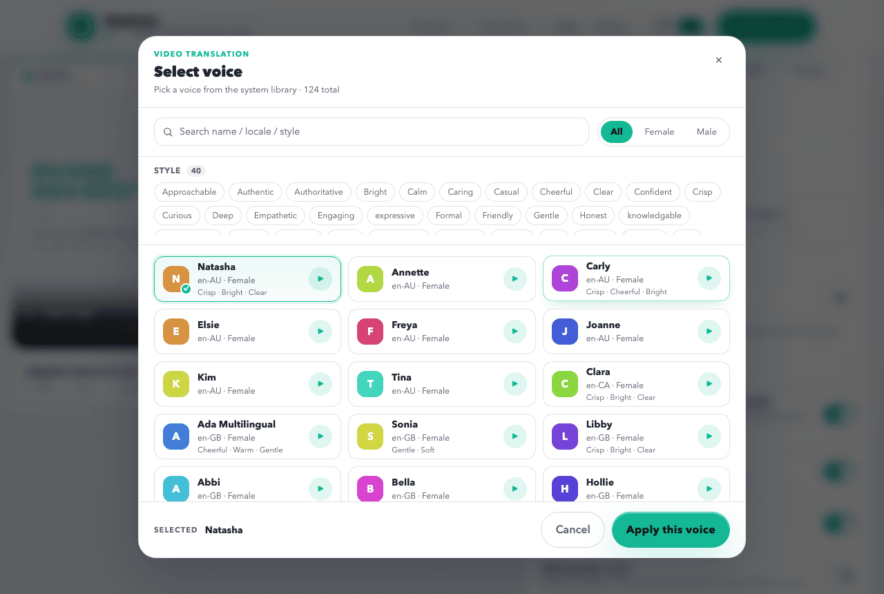 ClipGlobe workspace: pick a voice for AI dubbing